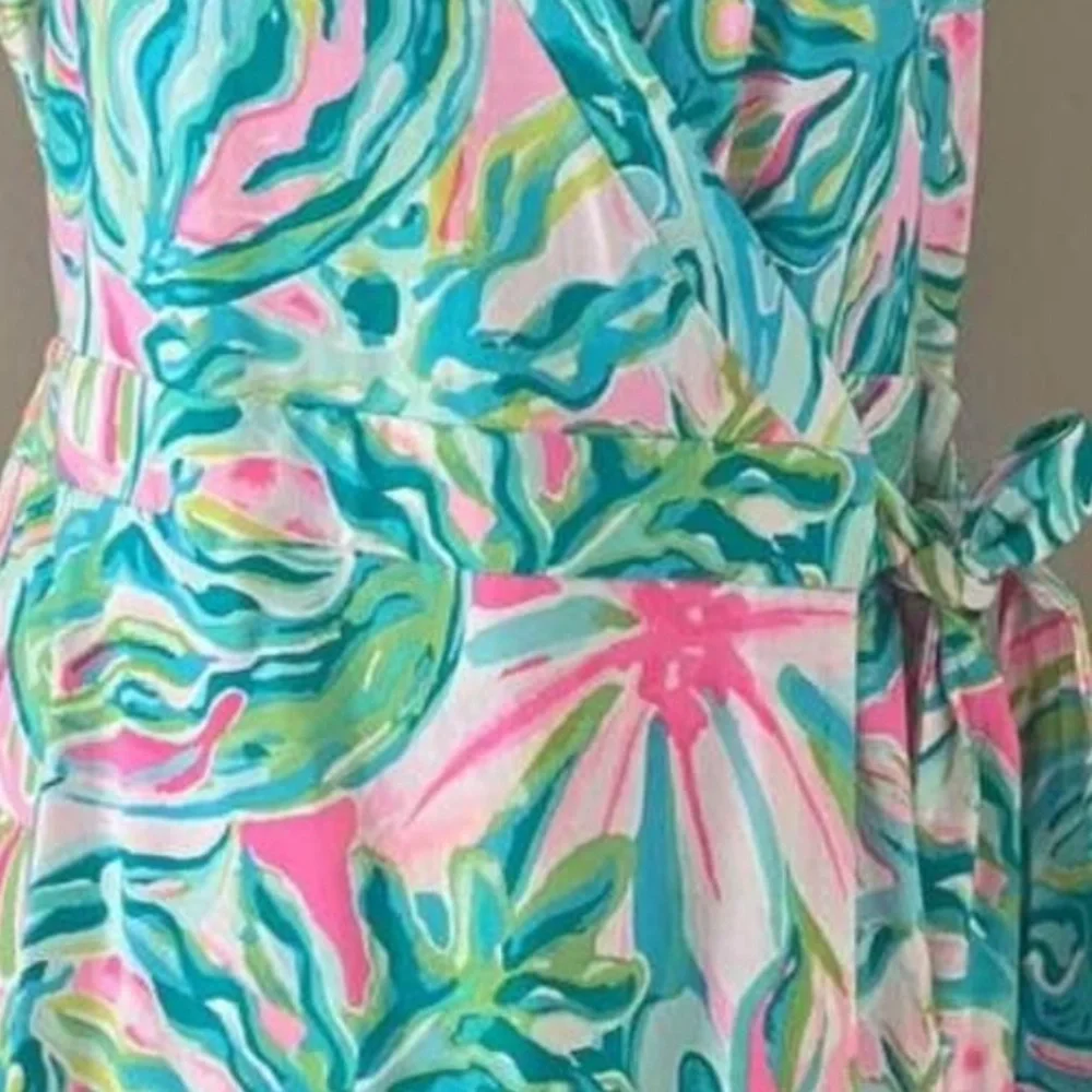 Lilly Pulitzer Rilla Romper Pink and Blue Tropical wrap skirt Dress - Picture 3 of 4